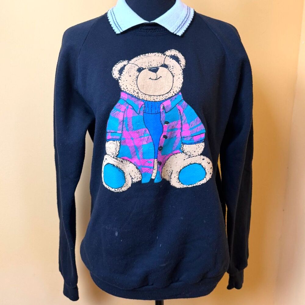 VTG 90s Gopher Sport Teddy Bear Collared Sweatshirt Black M Retro Cottagecore